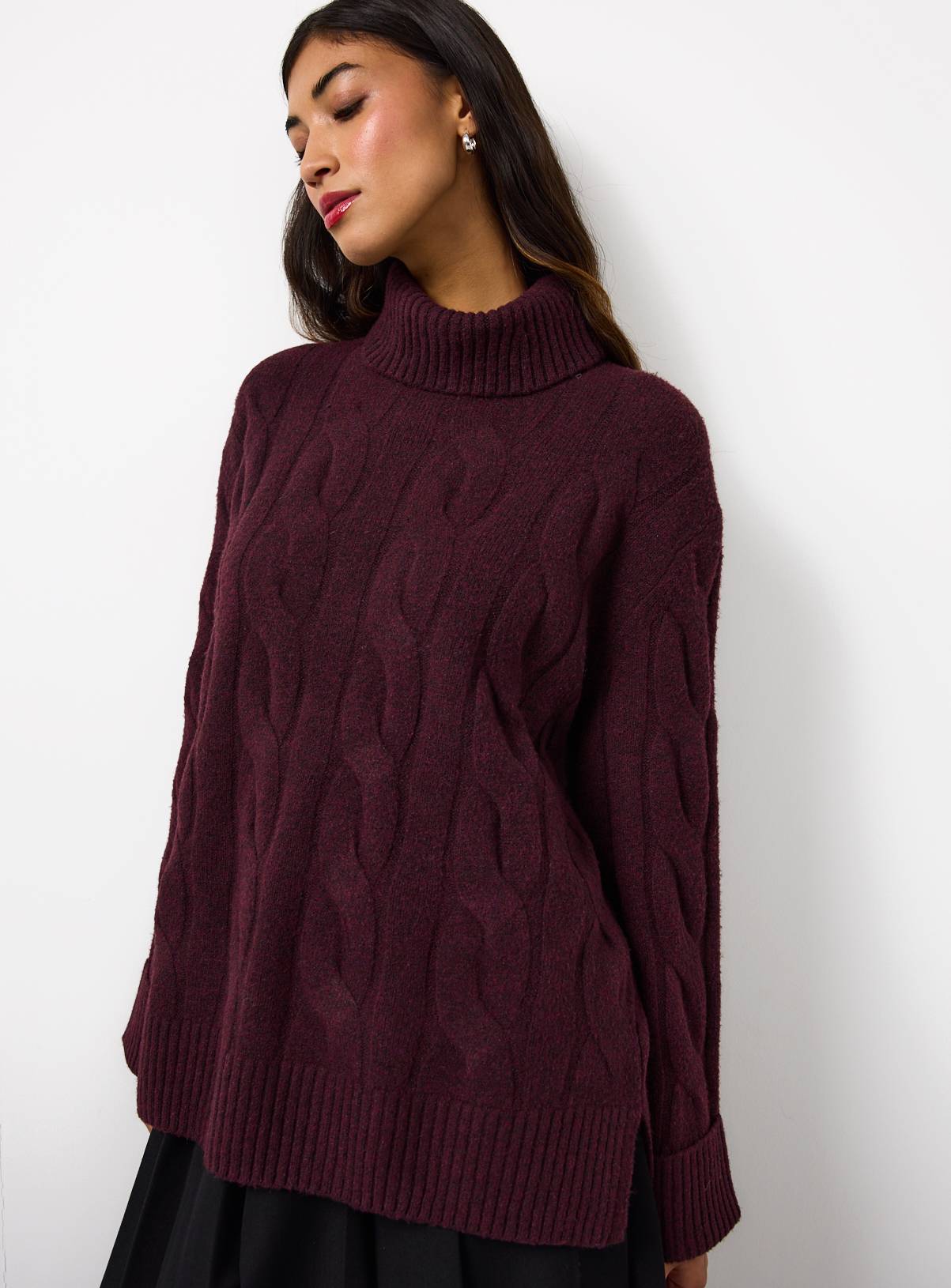 Burgundy Roll Neck Cable Knitted Jumper XL - Image 1